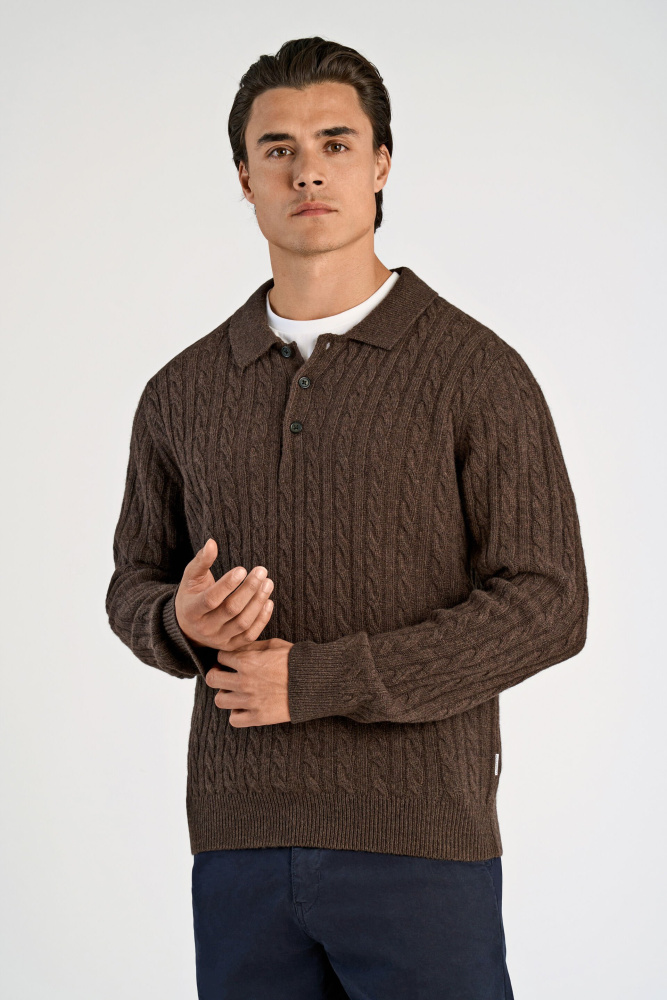 Hovedbilde Lindbergh Lambswool Button Polo 30-800227 - Dark Brown Melert
